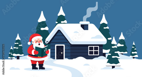 Santa Claus Singing Christmas Carols Outdoors in Winter.