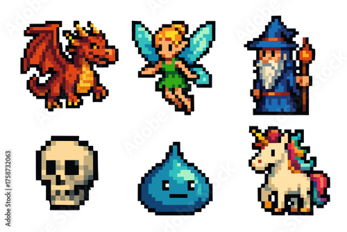Pixel art fantasy icons: dragon, fairy, wizard, skull, slime, unicorn