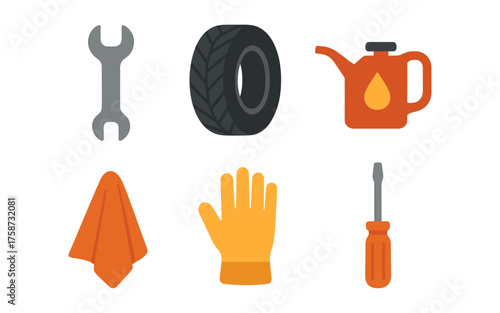 Essential car maintenance icons: tools, tire, oil, and safety elements in flat design
