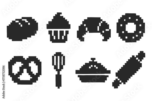 Pixel art bakery icons set: bread, cupcake, croissant, donut, pretzel, whisk, pot, rolling pin