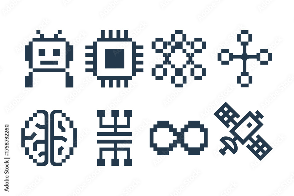 Obraz premium Retro pixel technology icons featuring robot, microchip, and brain designs