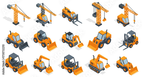 Isometric construction vehicles: cranes, bulldozers, excavators, and forklifts.