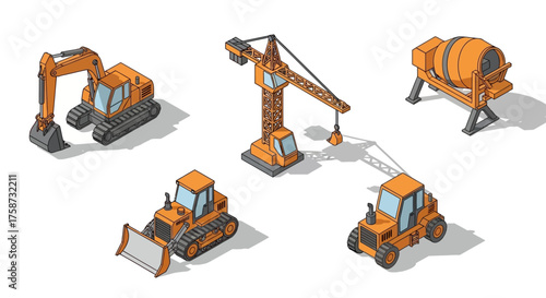 Isometric construction vehicles: excavator, crane, mixer, bulldozer, loader.