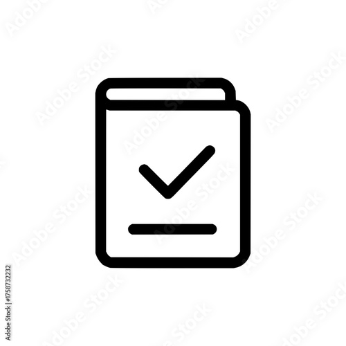 Black outline of a document with a checkmark and a line indicating completion on a white background