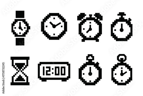 Retro pixel art timepieces collection featuring clocks and watches