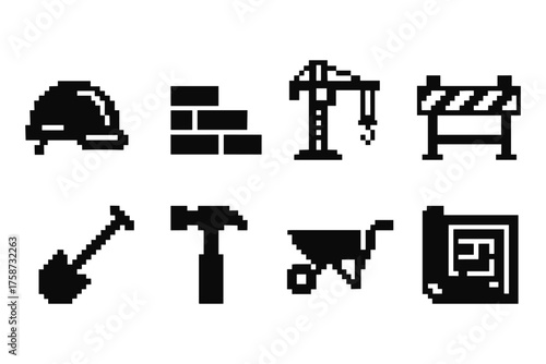 Pixel art construction icon set with tools and machinery