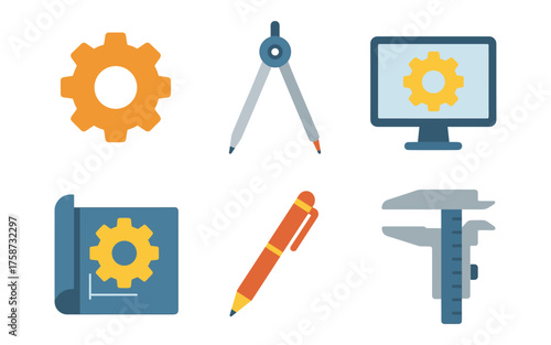 Engineering tools and gear icons in flat design for technical projects