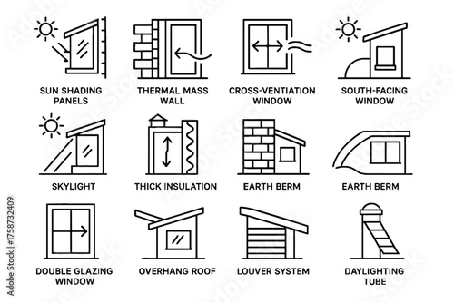 Sun thick vector icons passive chimney window icon overhang tube louver daylighting