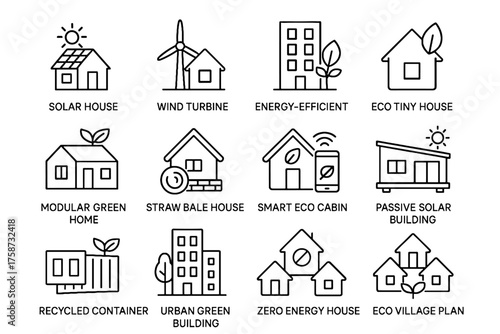 Solar vector urban icon eco sustainable house beside wind homes energy turbine