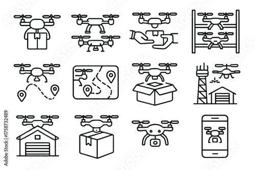App delivery route warehouse icon navigation handoff screen icons vector aerial drone
