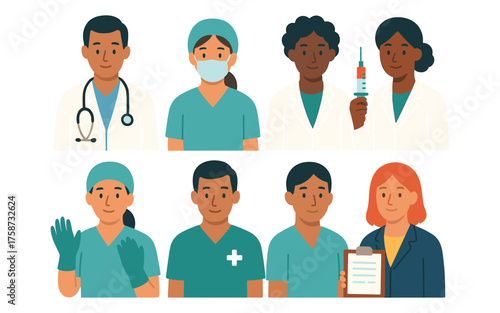 Diverse medical professionals in healthcare uniforms and gear