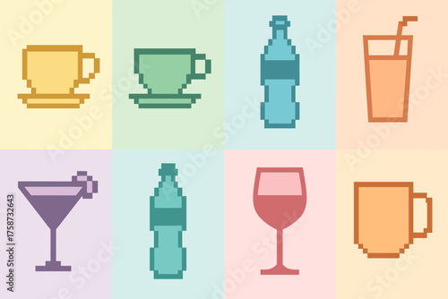 Retro pixel art beverage icons: coffee, cocktails, and soft drinks