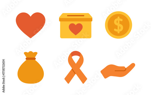 Simple flat design charity icons collection featuring heart, donation box, coin, money bag, ribbon, and helping hand