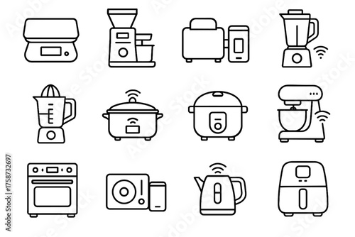 Vector mixer oven connected smart fryer automated icons cooker kitchen icon induction