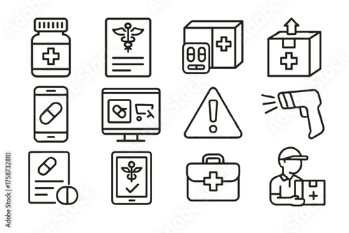 Icon online prescription vector instruction dosage bag pharmacy digital bottle barcode icons