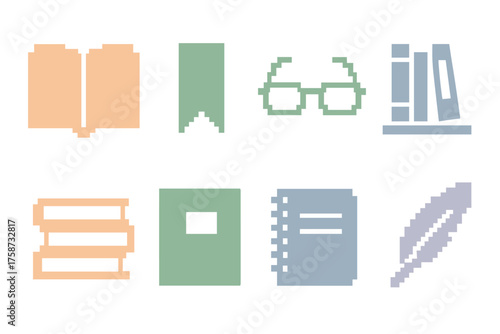 Pixel art icons of books, glasses, and stationery for digital libraries