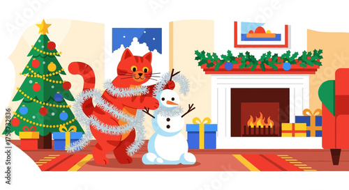 Festive Red Cat Decorating a Snowman for Christmas.