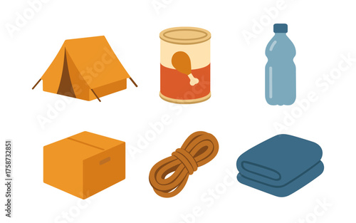 Essential camping gear icons: tent, canned food, water bottle, box, rope, blanket
