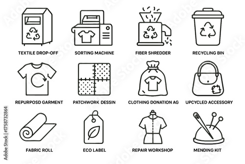 Upcycled garment vector shredder icon fashion label recycling icons repair fabric point
