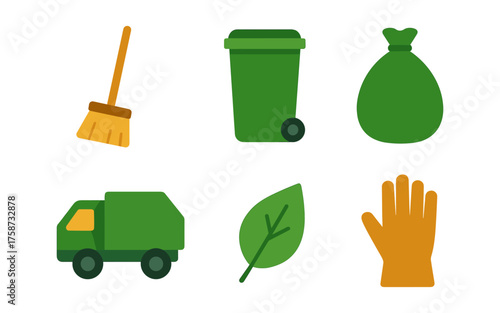 Recycling and cleaning icons: broom, bin, bag, truck, leaf, glove