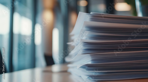 A stack of documents sits on a table, representing paperwork, business, bureaucracy, and organizational challenges. The image conveys the demands and complexities of modern workflows.