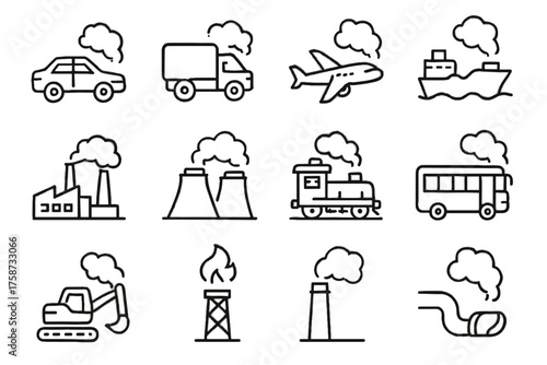 Gas emission factory icons chimney plant airplane construction car vector sources bus