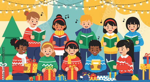 Group of Children Singing Christmas Carols Together.