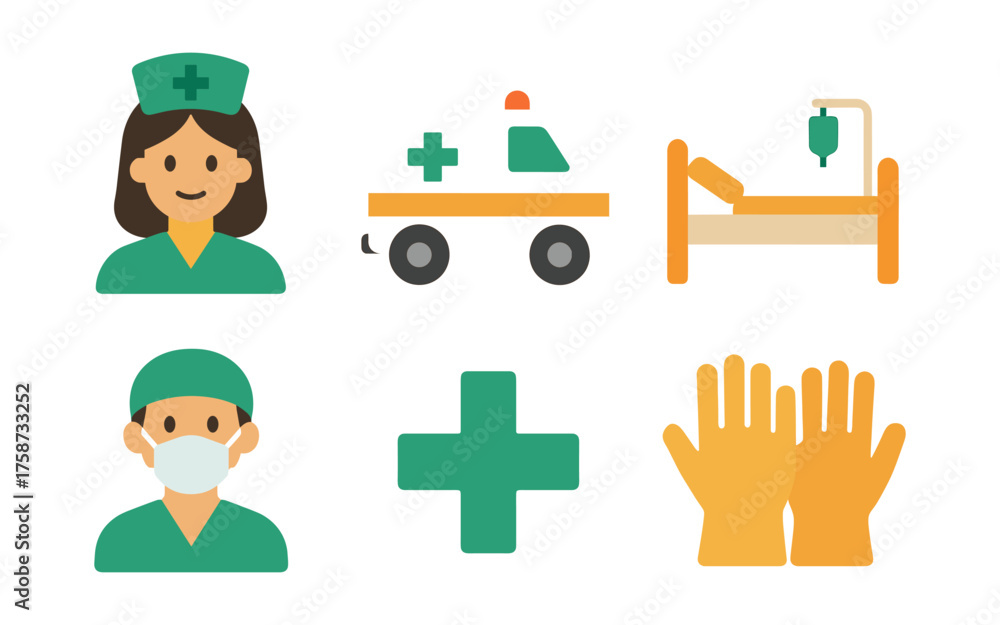 Obraz premium Healthcare icons set with medical staff, ambulance, hospital bed, and supplies in flat design