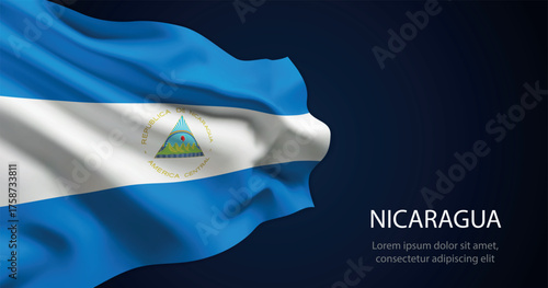 Nicaragua national flag with elegant folds on dark background