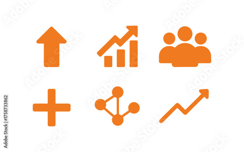 Orange minimal icons: growth, analytics, community, network, success