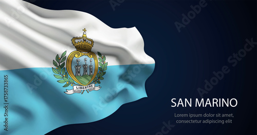 San Marino national flag with elegant folds on dark background