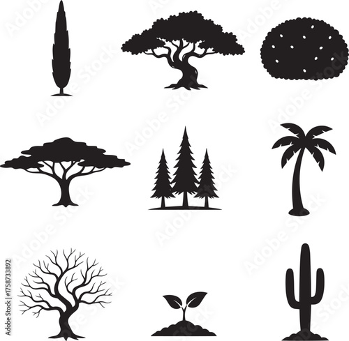 Collection of Nature Silhouette Icons - Black Vector Trees, Plants, and Cactus Icons