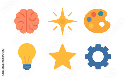 Creative symbols collection: brain, star, palette, light bulb, gear