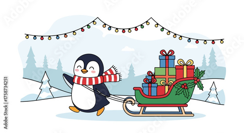 Penguin Pulling Sleigh with Christmas Presents.