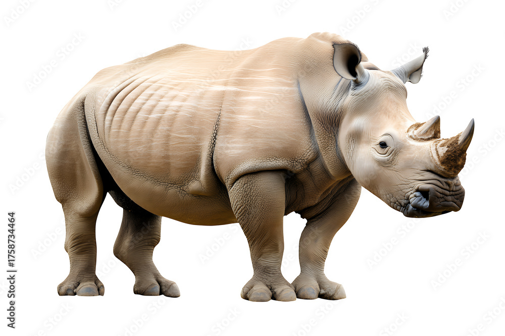 Fototapeta premium A Large White Rhinoceros Stands With Its Horn And Textured Skin Visible On A Transparent Background
