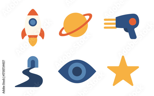 Retro flat style space icons including rocket, planet, and ray gun