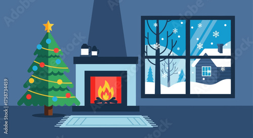 Decorated Christmas Tree in Cozy Winter Interior.