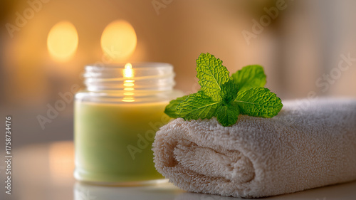 Fluted Jar Pastel Green Wax with Mint Sprigs, Twin Wicks