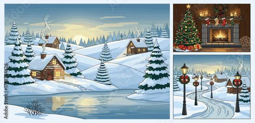 Festive concept set of modern linear Christmas icons, including decorative trees, wreaths, and hanging holiday ornaments