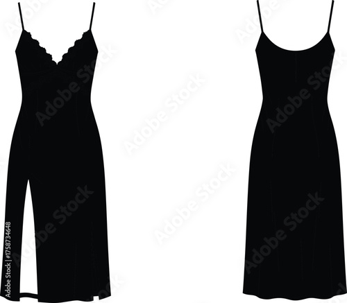 Black dress fashion design, elegant evening gown, modest and stylish apparel, clothing silhouette comparison, CAD drawing flat vector illustration