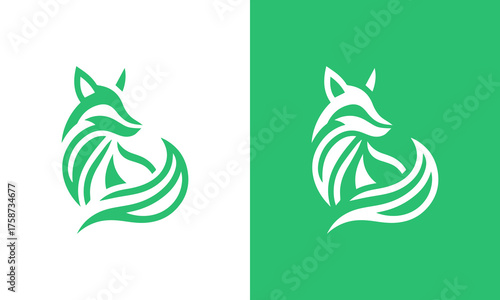 Stylized green fox silhouette with swirling lines on white and green backgrounds
