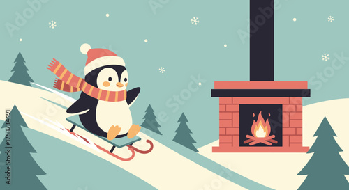 Cartoon Penguin Enjoying a Snowy Sled Ride.