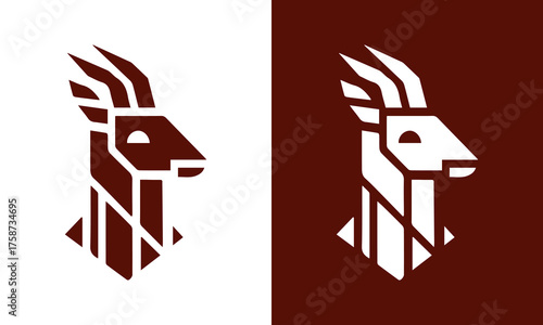 Stylized geometric ibex or goat head logo design in two contrasting color schemes