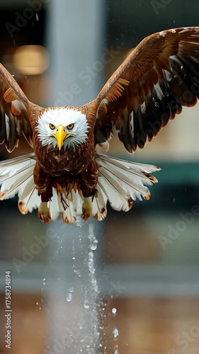 Majestic eagle soaring through the air near a bustling city plaza during a sunny afternoon
