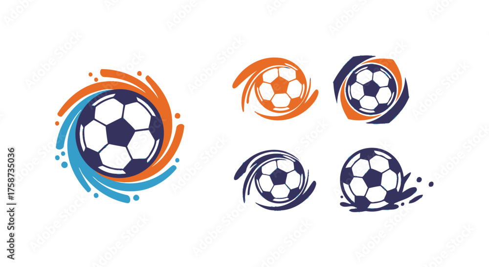 Naklejka premium Colorful soccer ball splashes and swirls in dynamic logo designs