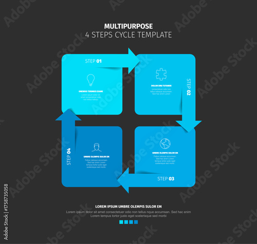 Four steps cycle template provides a clear infographic design for sequential processes. The 4 steps cycle template for presentations to illustrate cyclical concepts and stages.