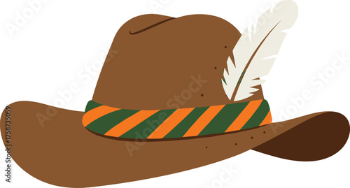 Brown wide brim hat, vintage fashion accessory, striped band design, feather detail, classic cowboy style, retro headwear, western costume illustration