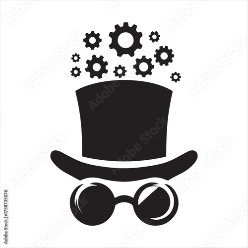 top hat with goggles and floating gears vector silhouette line art drawing collections