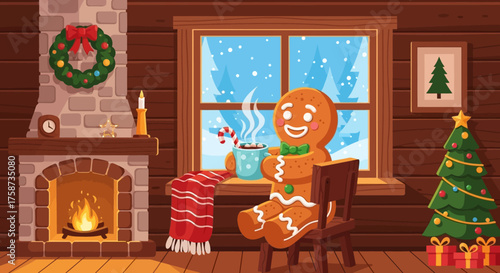 Cheerful Gingerbread Man Enjoying Hot Drink by Window.
