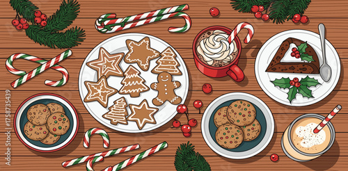 Delicious homemade Christmas holiday treats and desserts, including gingerbread cookies, candy canes, and hot chocolate, on a rustic wooden table for a festive celebration
